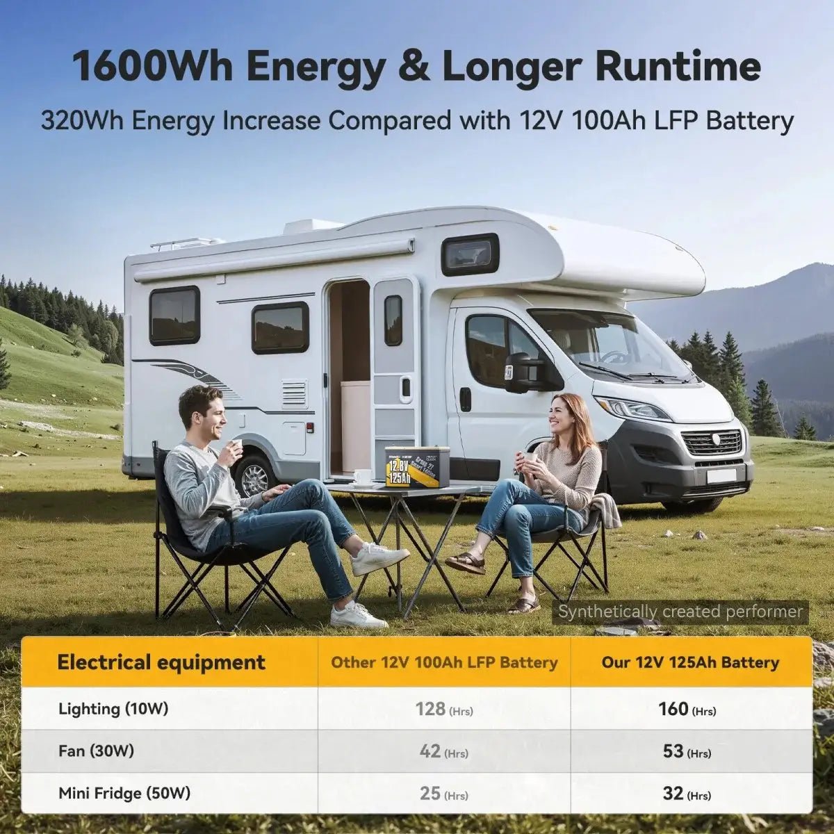 Power Queen 12v 125ah group 27 lithium battery powering RV appliances, showcasing runtime comparisons with a 12V 100Ah LFP battery for lighting, fans, and mini fridges.
