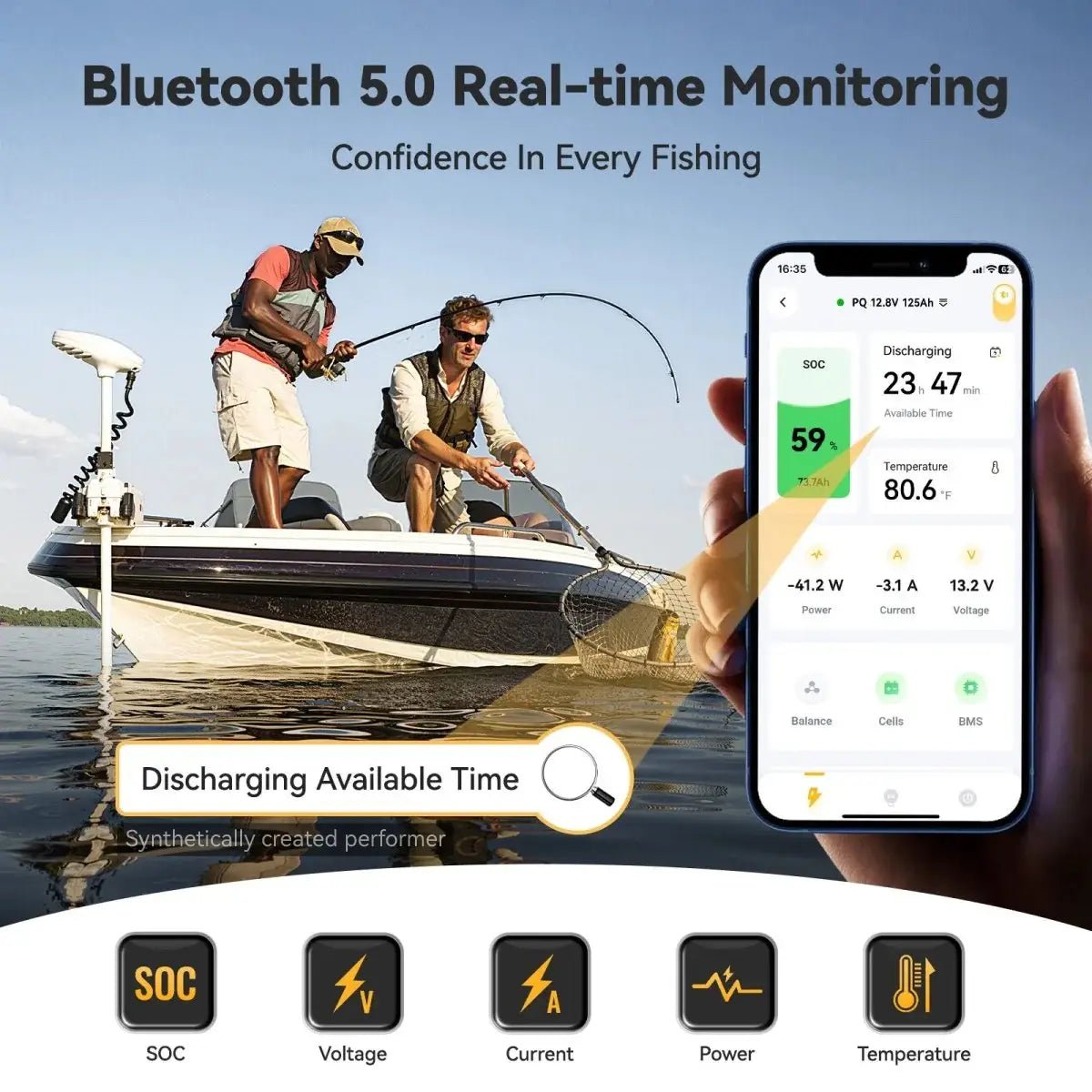Power Queen 12v 125ah group 27 lithium battery featuring Bluetooth 5.0 real-time monitoring on a smartphone app