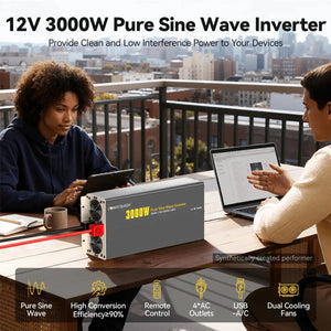 Power Queen 3000W Pure Sine Wave Inverter 12V DC to 110V AC with 7 Outlets & LCD Remote Control