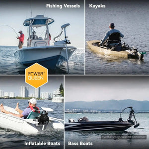 A 4-panel collage demonstrating applications for the 36v 50ah lithium battery across fishing vessels, kayaks, inflatable boats, and bass boats.