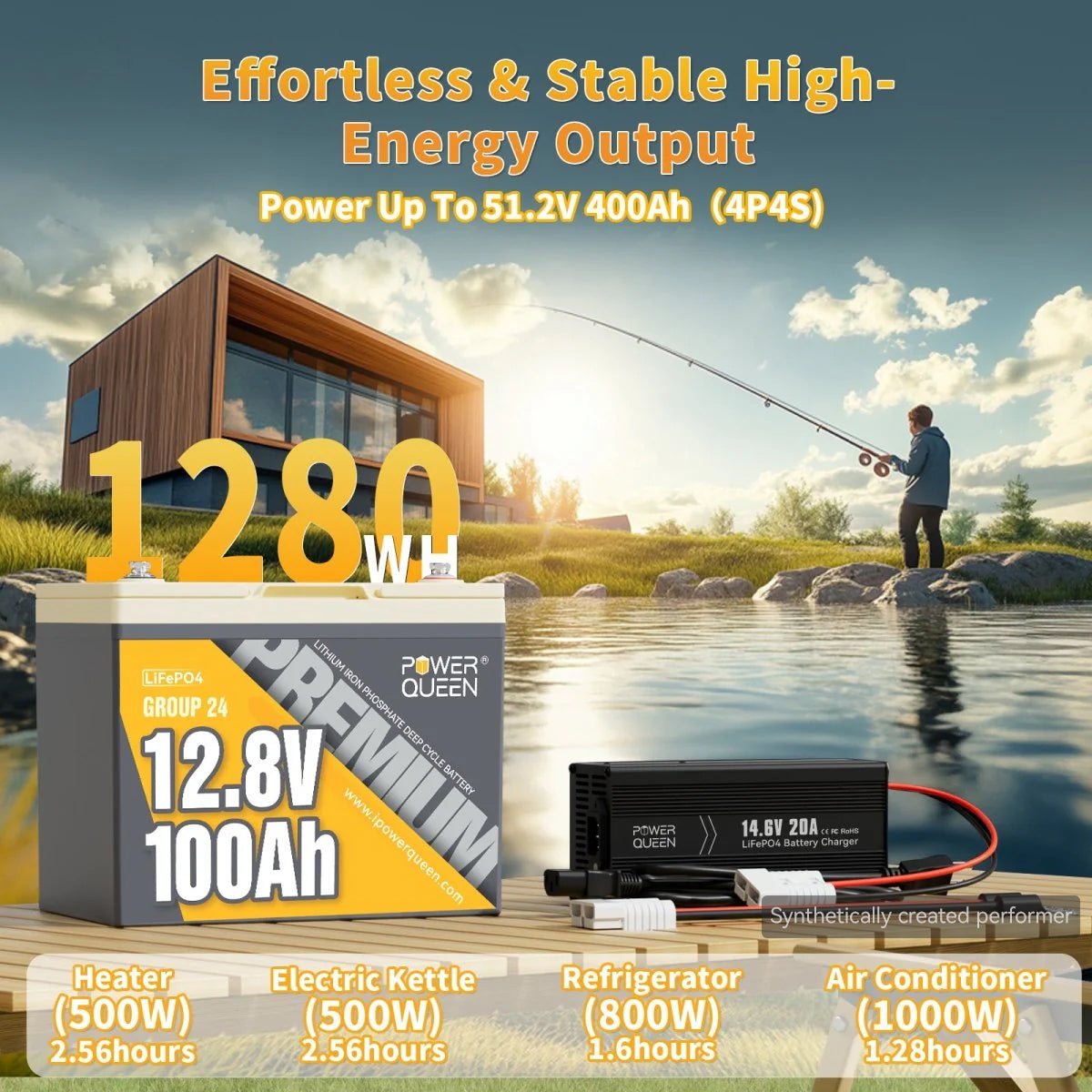 Power Queen 12V 100Ah Group 24 Deep Cycle Lithium Battery With 12V 20A Charger Kit