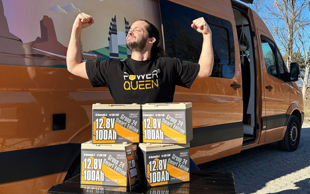 Man flexing muscles in front of a van with Power Queen 12v 100ah deep cycle batteries