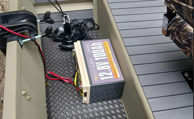 trolling motor lithium battery pack with wiring on a vehicle