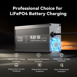 Power Queen 14.6V 10A charger with multiple protections and cooling fan