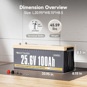 Power Queen 24V 100Ah LiFePO4 battery dimensions overview with weight and terminal bolts size