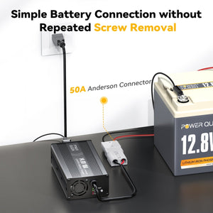 Power Queen LiFePO4 battery charger connected to 12.8V battery using 50A Anderson plug
