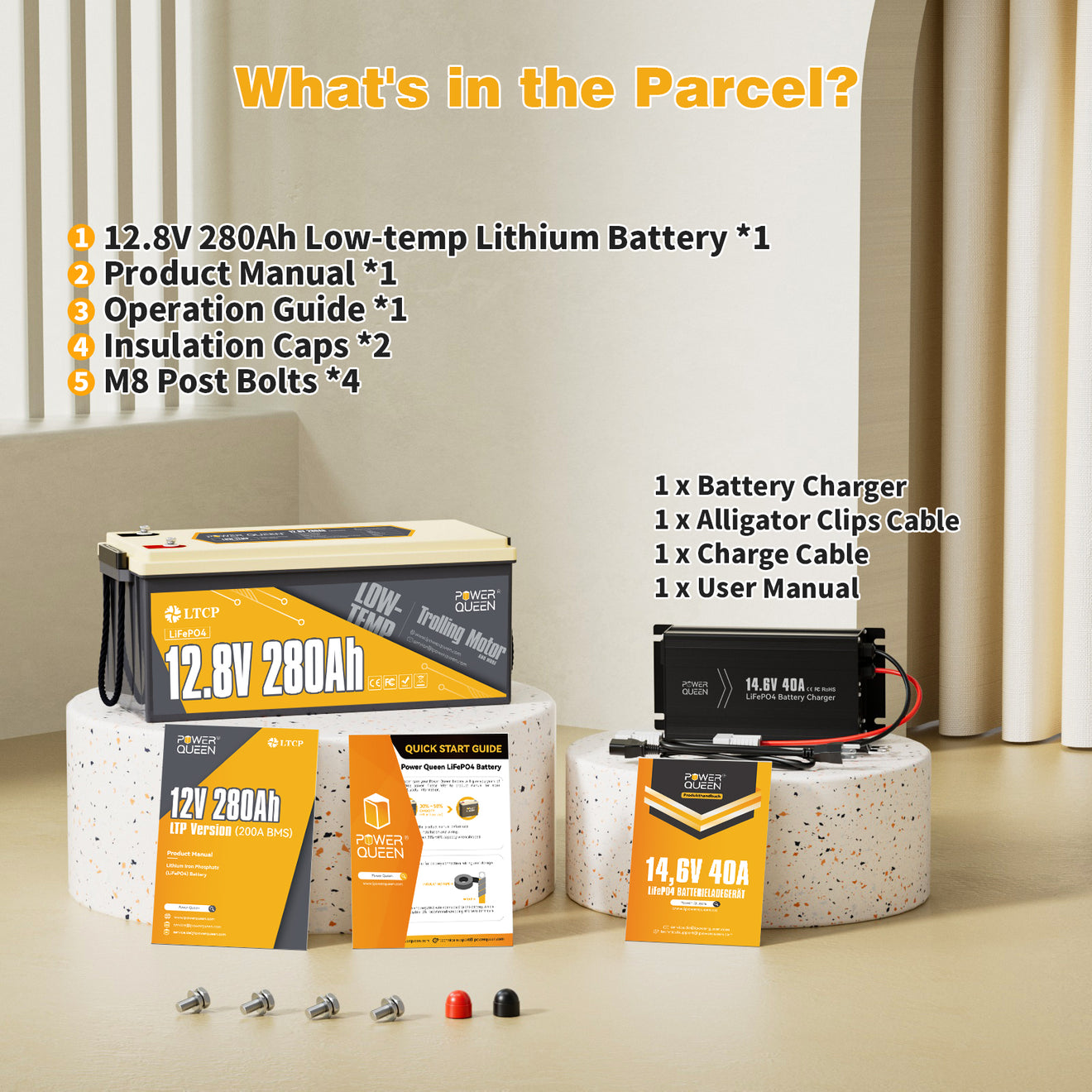Power Queen 12V 40A Charger Kit With 12V 280Ah Low-Temp Deep Cycle Lithium Battery
