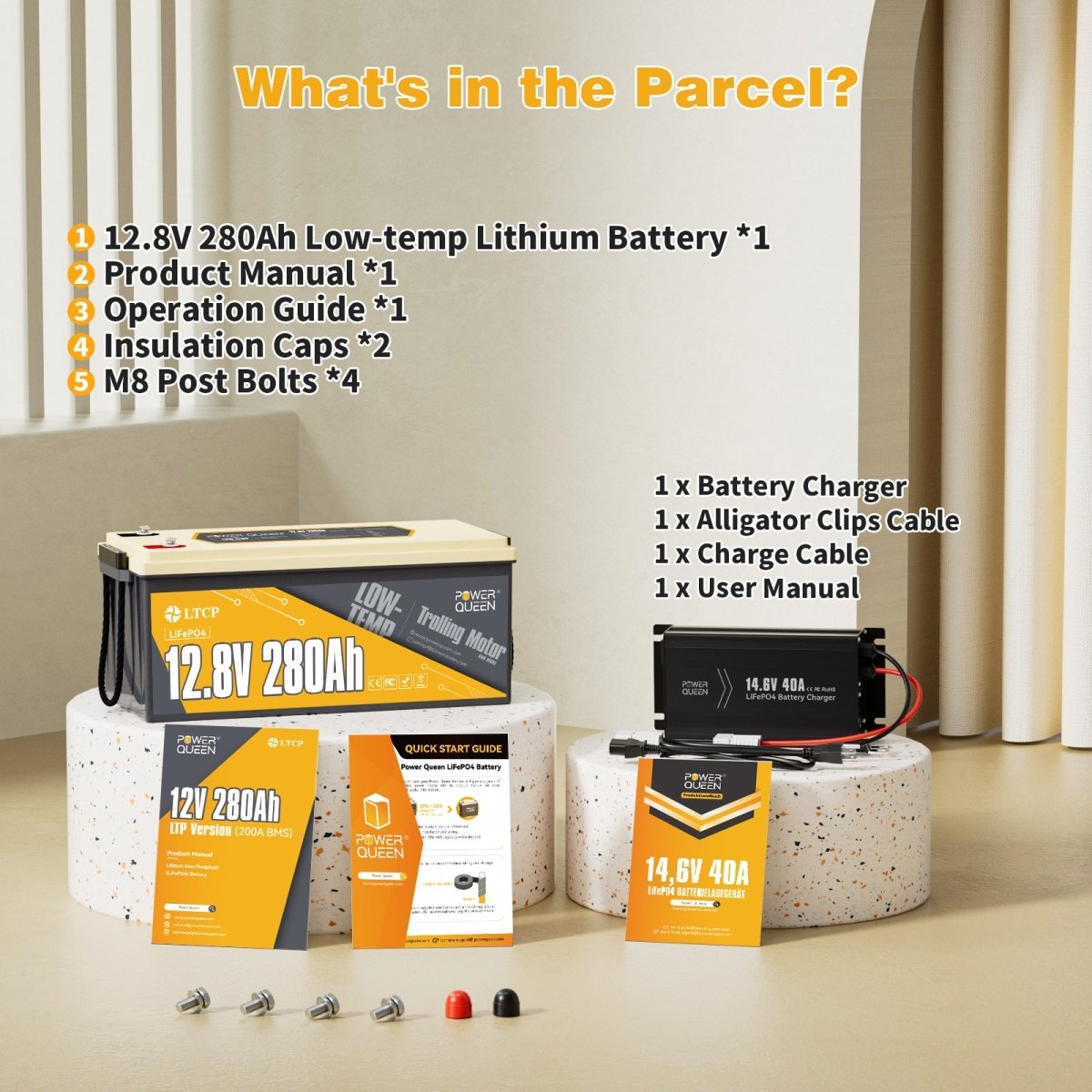 Power Queen 12V 280Ah Low - Temp Deep Cycle Lithium Battery With 12V 40A Charger Kit - Power Queen US