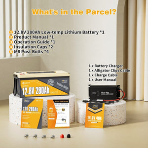 Power Queen 12V 280Ah Low - Temp Deep Cycle Lithium Battery With 12V 40A Charger Kit - Power Queen US
