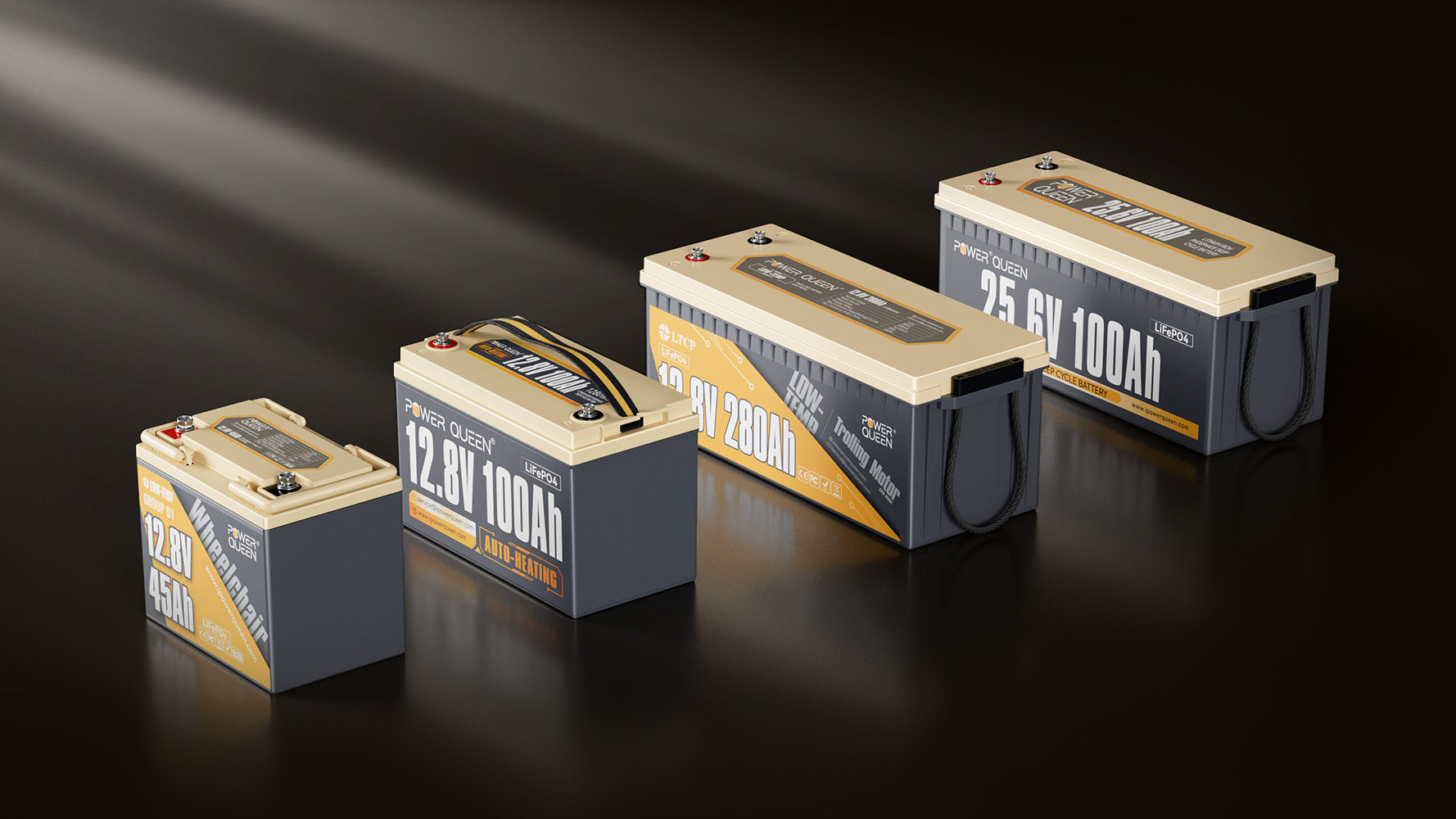 Power Queen deep cycle lithium batteries lineup display