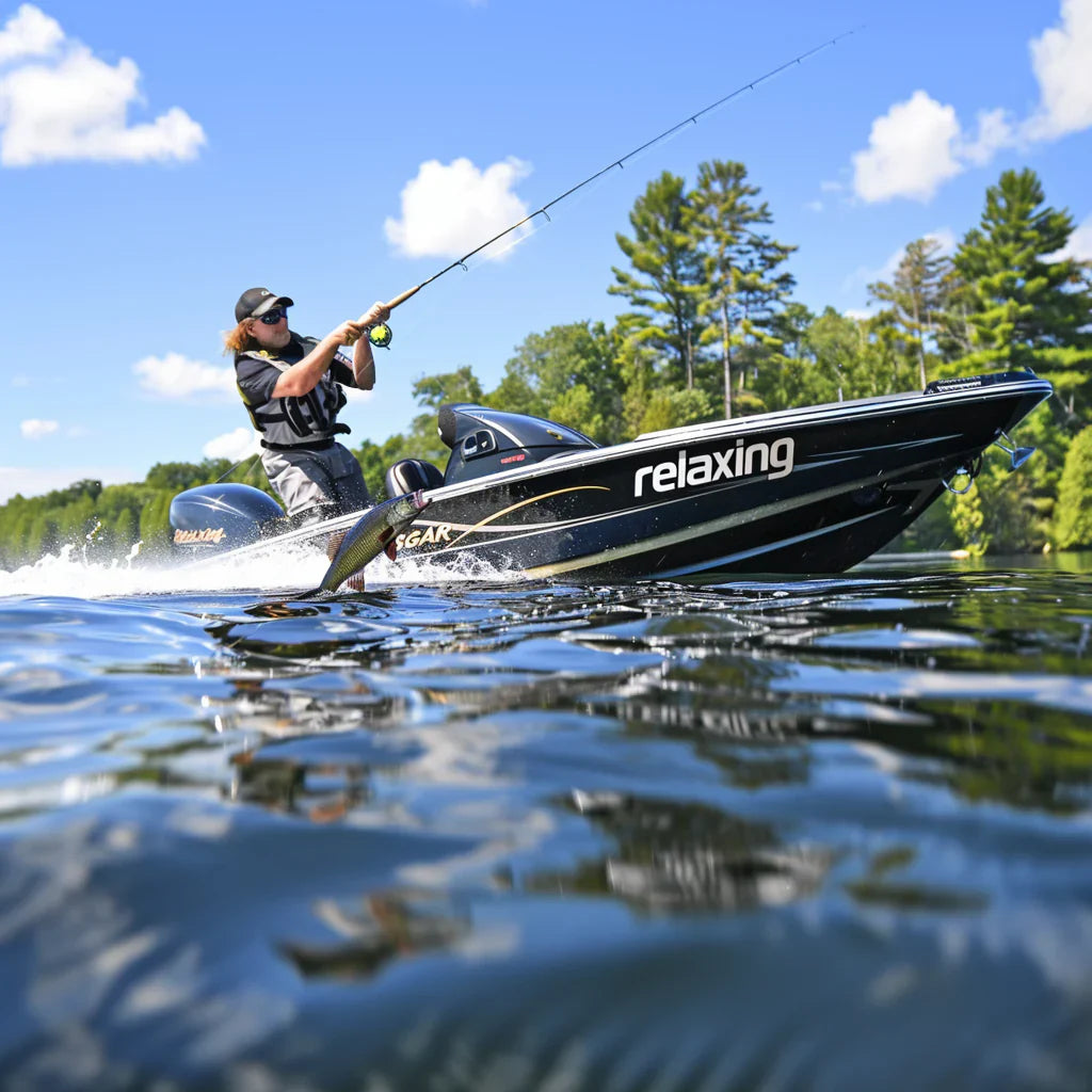 Person fishing from a boat on a lake with Power Queen 24V LiFePO4 Battery