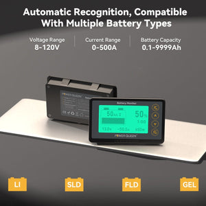 Power Queen 500A Battery Monitor supports automatic recognition and compatibility with LiFePO4, SLA, flooded, and gel batteries