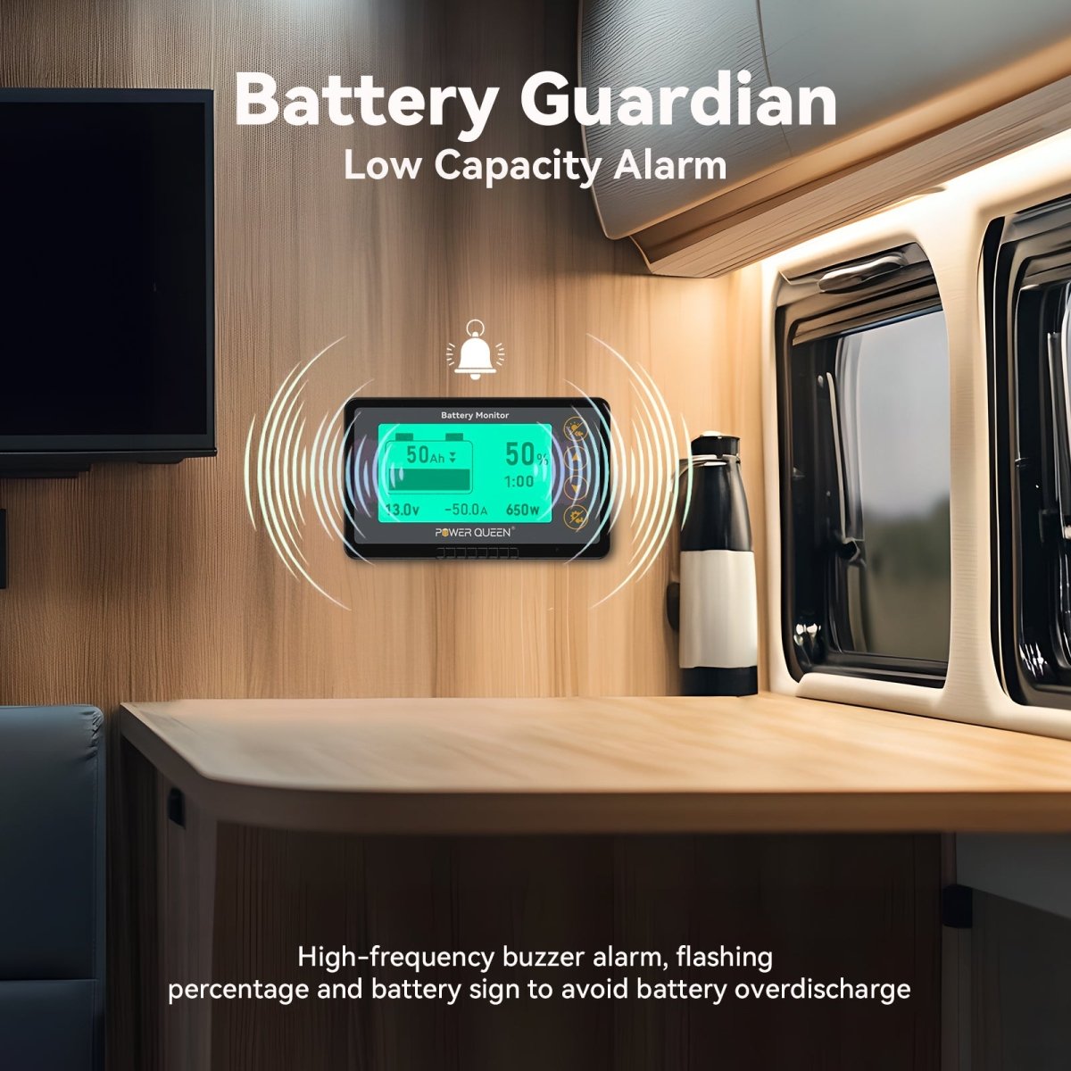 Power Queen Battery Monitor with low capacity buzzer alarm to prevent battery over-discharge and extend battery lifespan