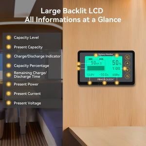 Power Queen Battery Monitor screen displaying battery voltage, current, power, capacity, and remaining runtime