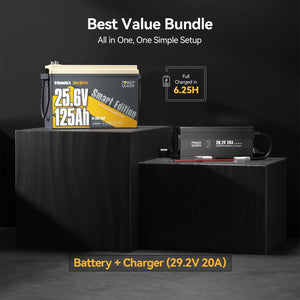 Power Queen best value bundle featuring a 24v 125ah lithium trolling motor battery and a dedicated smart charger.