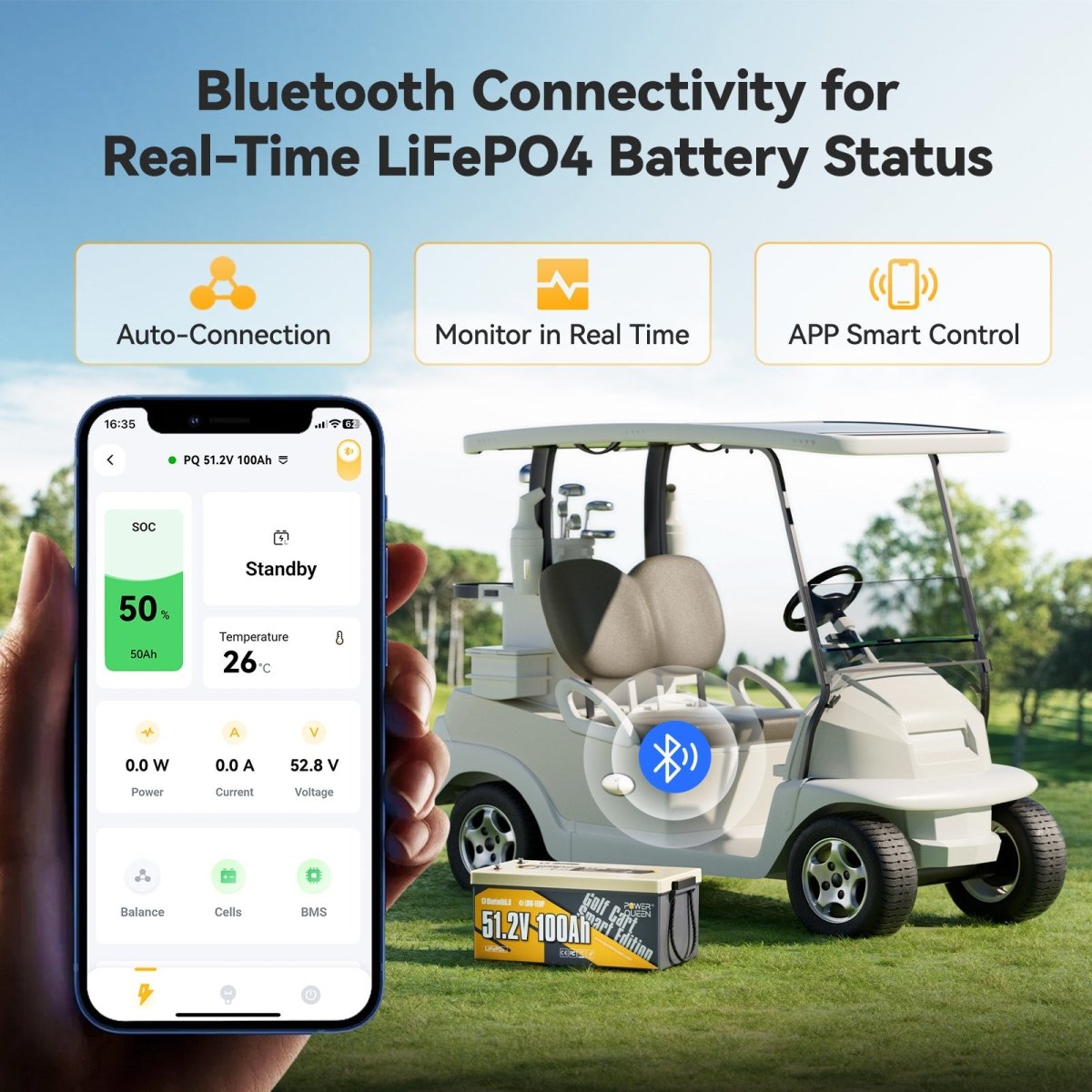 Bluetooth connectivity for Power Queen 48V 100Ah Golf Cart LiFePO4 Battery real-time monitoring