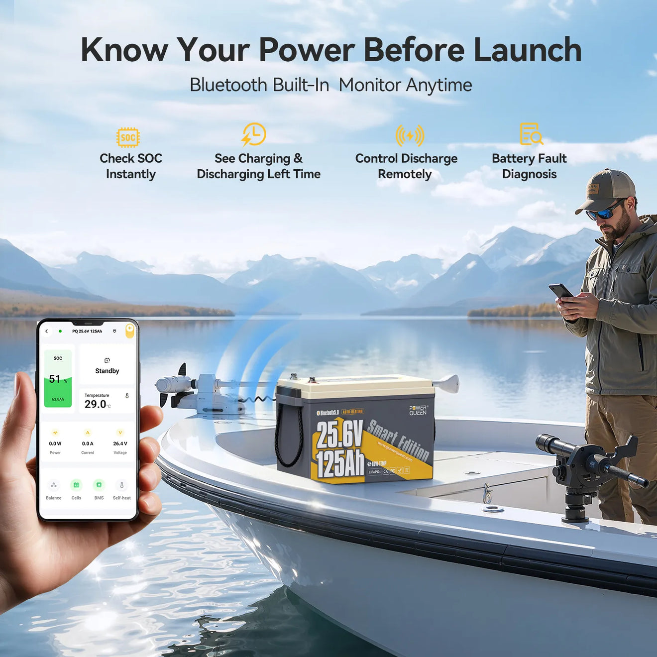 Power queen built-in Bluetooth 24v 125ah lithium trolling motor battery with smart App monitoring