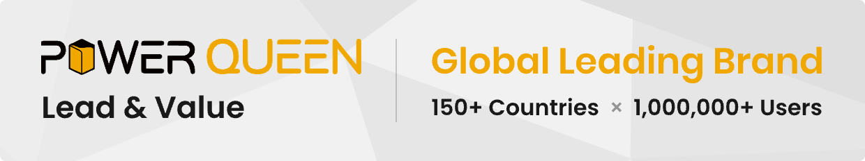 Power Queen logo with text about global leadership and user base on a white background