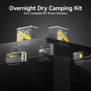 Complete RV power solution overnight dry camping kit with two Power Queen 12v 150ah group 27 deep cycle lithium battery packs