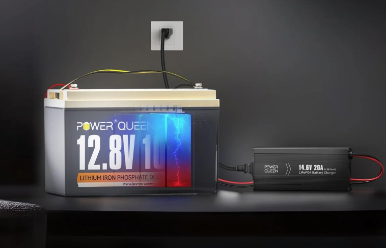 Power Queen lithium iron phosphate battery with LiFePO4 battery charger on a dark background