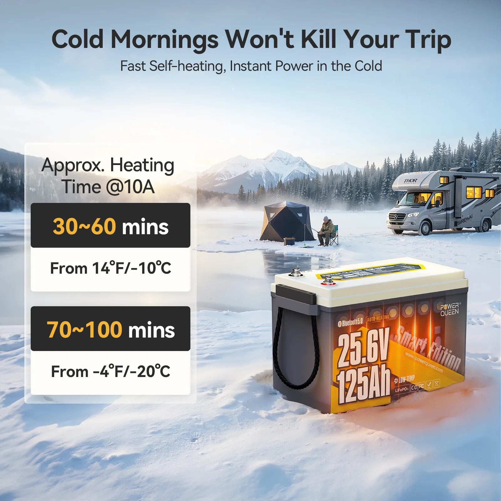 Power Queen self heating 24v 125ah lithium trolling motor battery for ice fishing and cold weather RV camping trips.