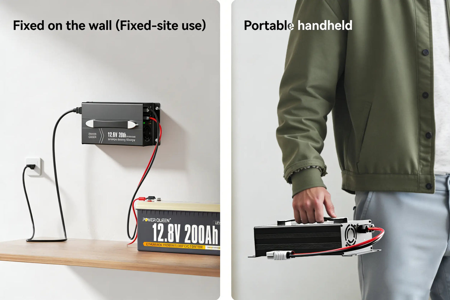 Flexiable power queen lithium battery charger that can be fixwd-site use and handheld