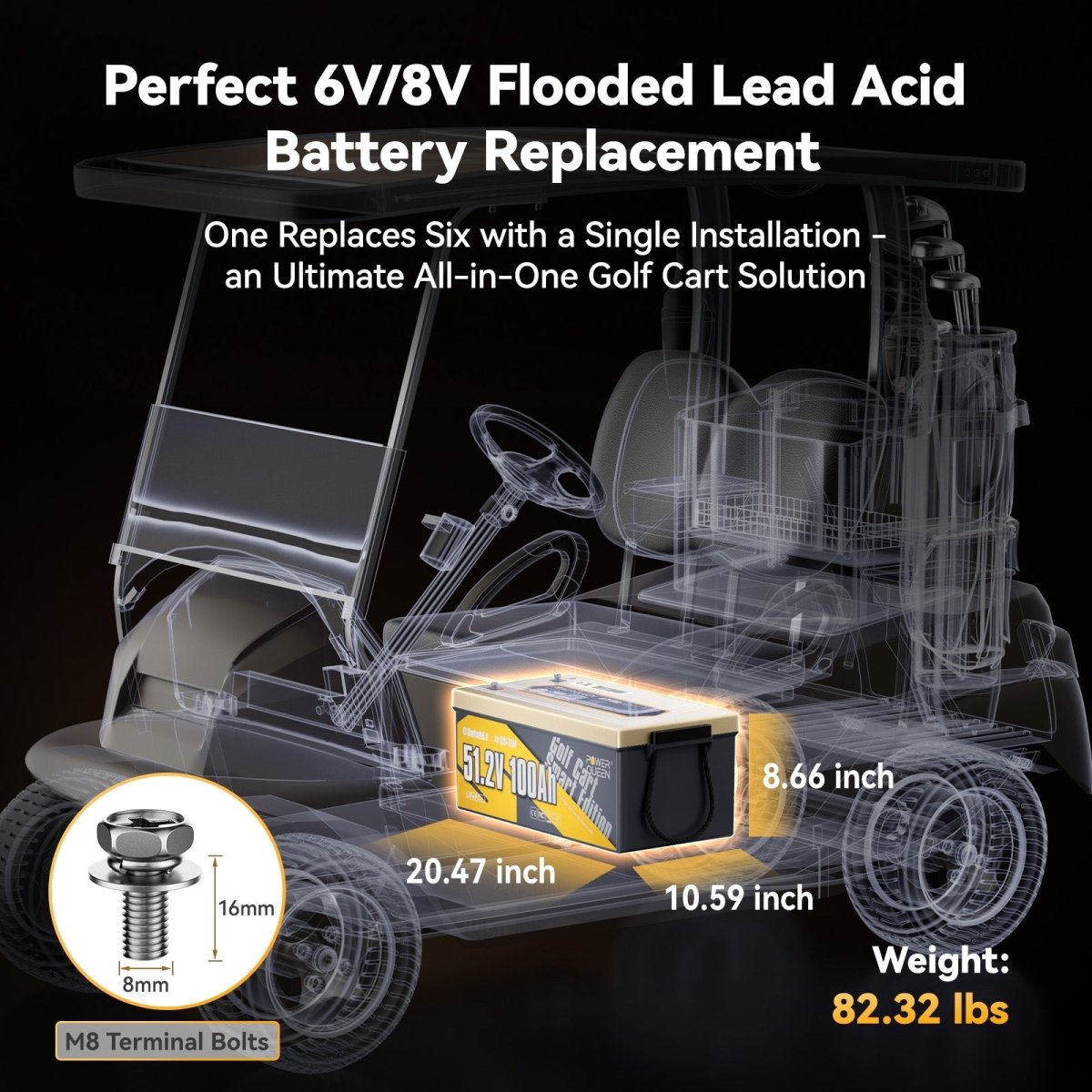 48V 100Ah Golf Cart Lithium Battery replacing 6 lead acid batteries with single installation