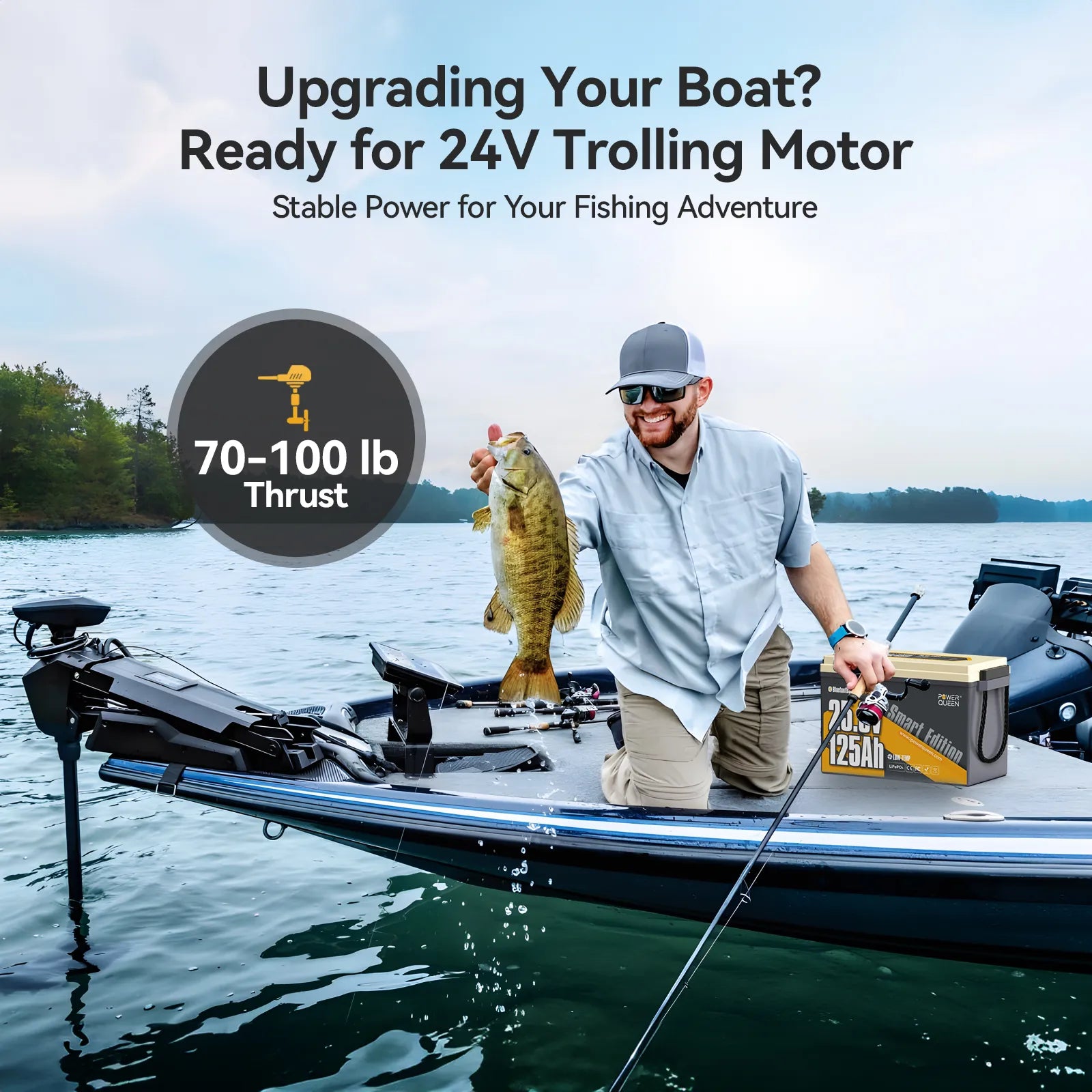 Power Queen Powerful 24V 125Ah lithium trolling motor battery designed for 70 to 100lb thrust boat motors.