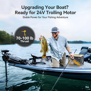 Power Queen Powerful 24V 125Ah lithium trolling motor battery designed for 70 to 100lb thrust boat motors.