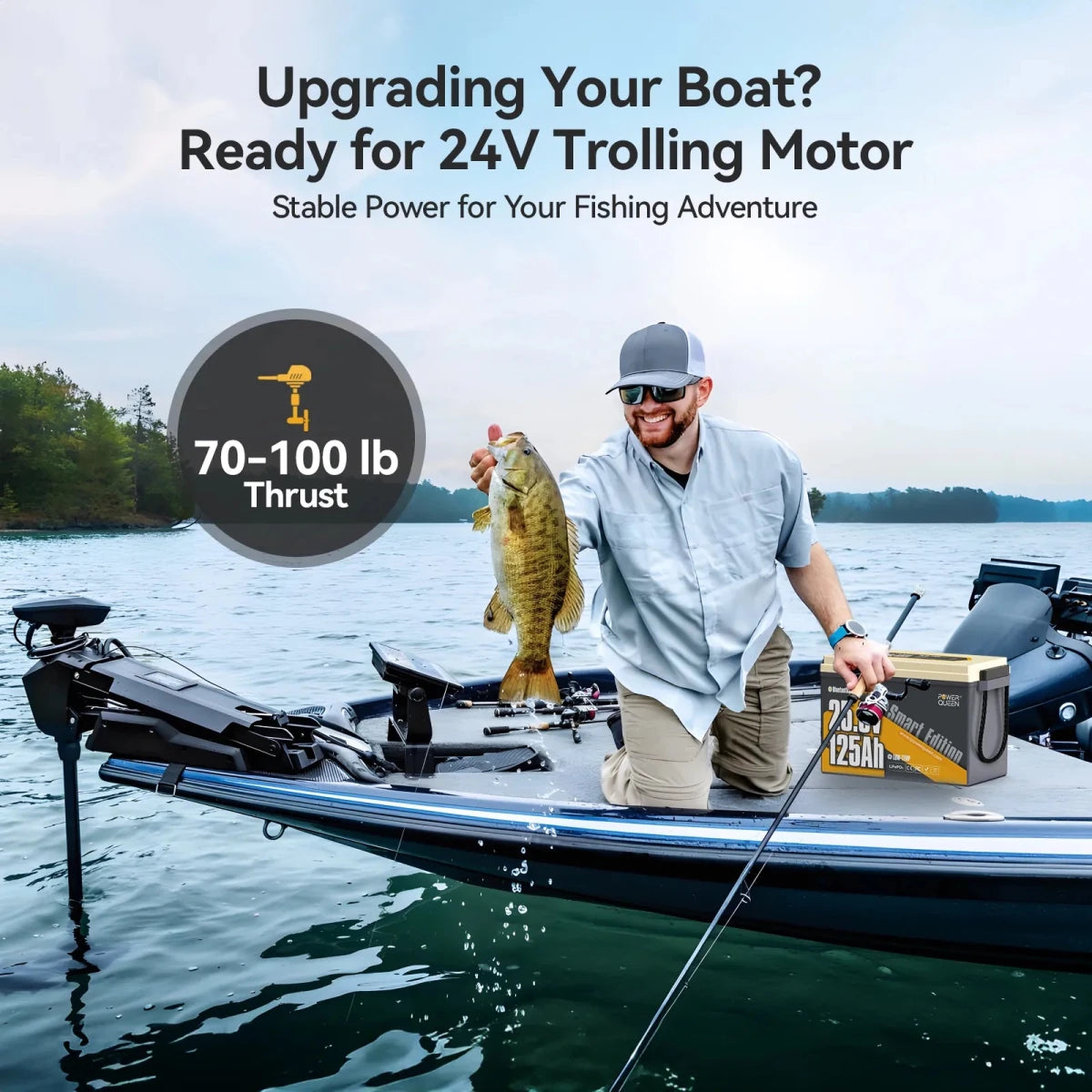 Power Queen Powerful 24V 125Ah lithium trolling motor battery designed for 70 to 100lb thrust boat motors.