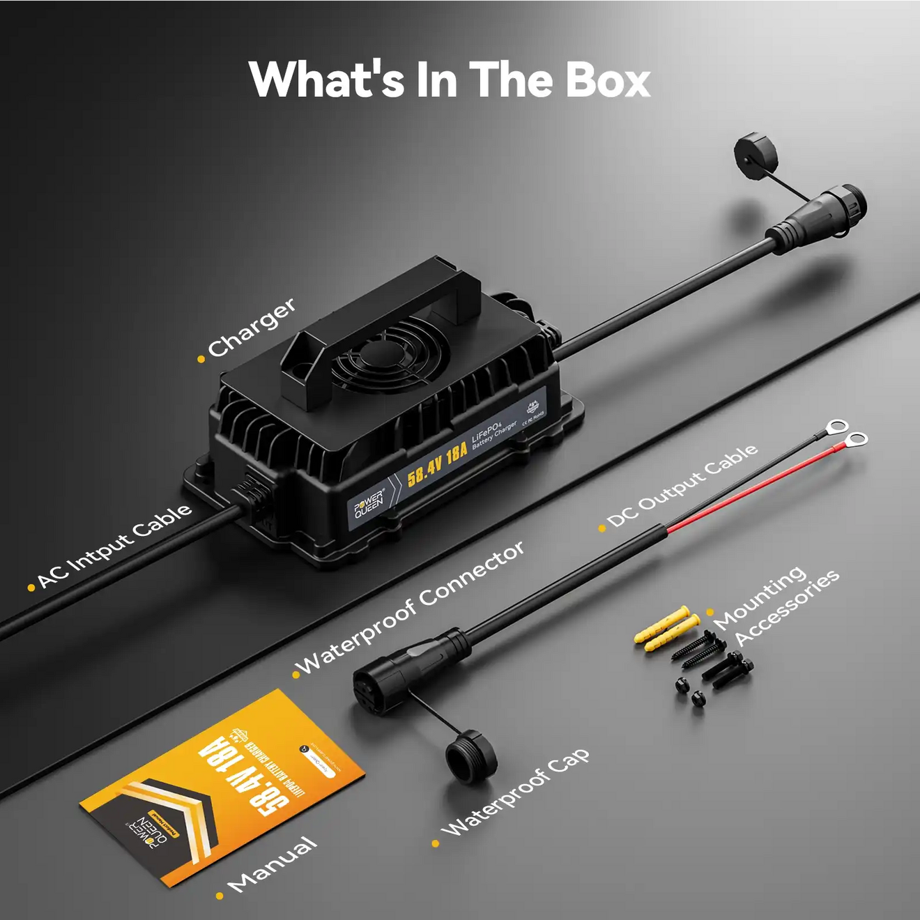 power_queen_48v_18a_lifepo4_battery_charger_whats_in_the_box