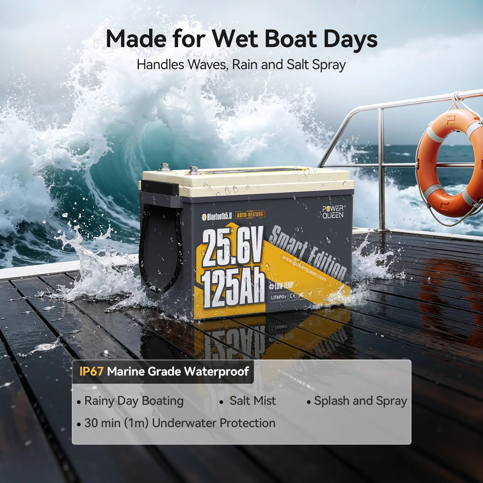 Power Queen durable 24v 125ah lithium trolling motor battery built for salt spray and wet boating conditions.