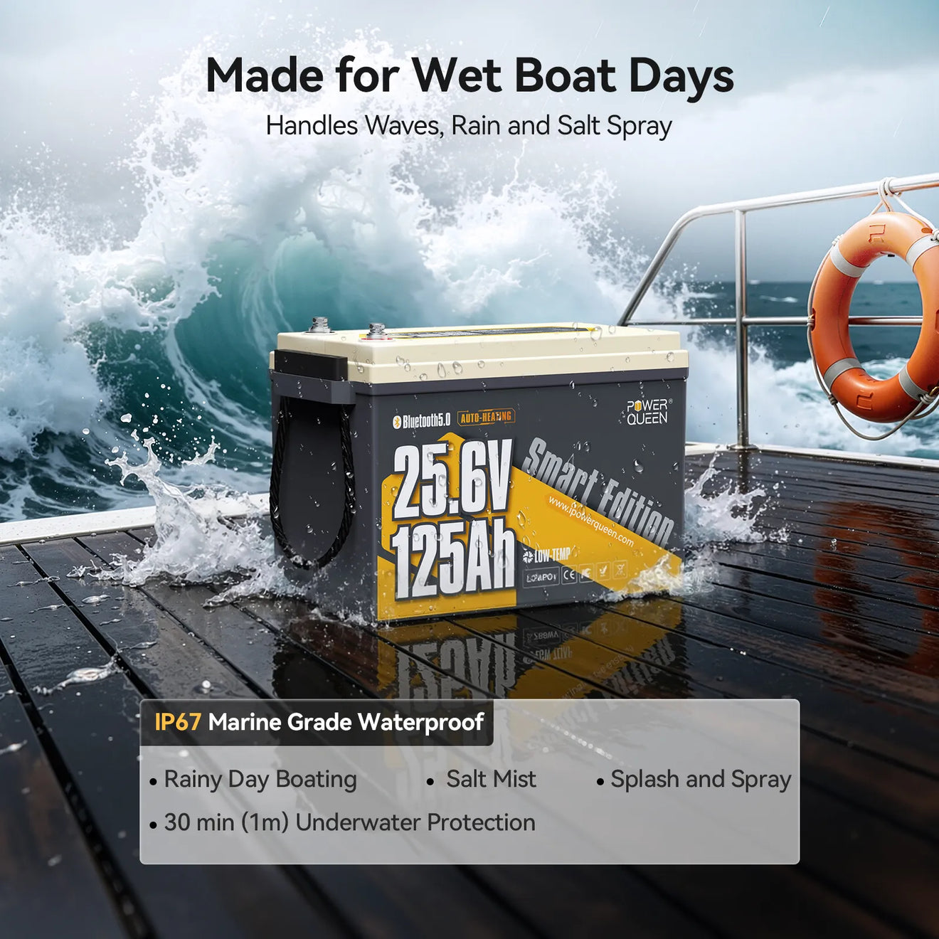 Power Queen durable 24v 125ah lithium trolling motor battery built for salt spray and wet boating conditions.