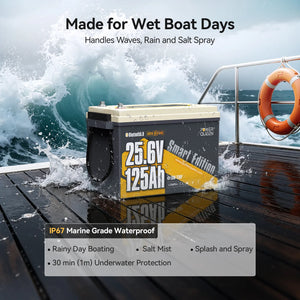 Power Queen durable 24v 125ah lithium trolling motor battery built for salt spray and wet boating conditions.