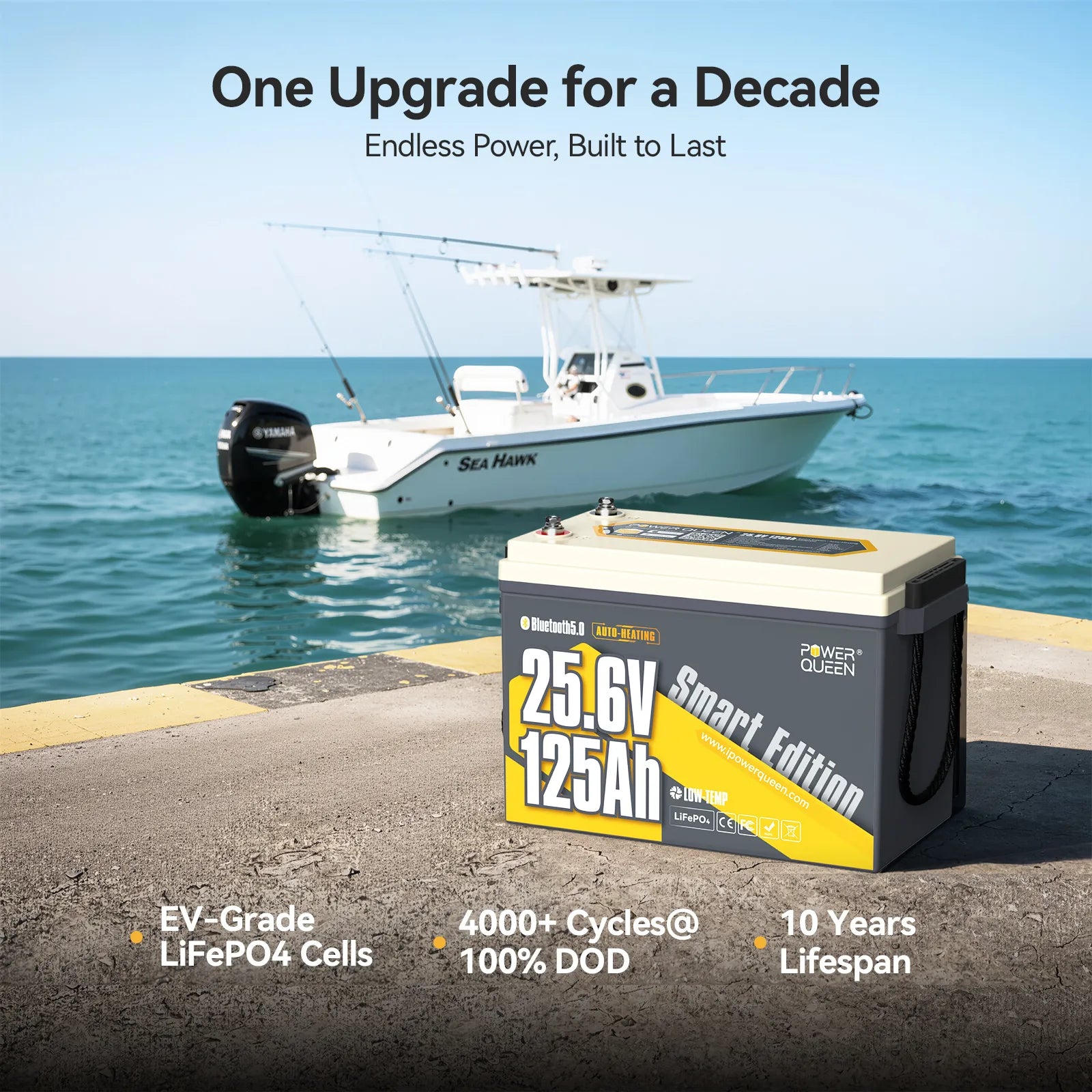 Power Queen Long lasting 24v 125ah lithium trolling motor battery with a 10 year lifespan and EV-grade cells.