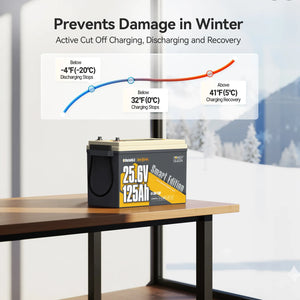 Power Queen low temperature protection 24v 125ah lithium trolling motor battery prevents damage in harsh winter weather.