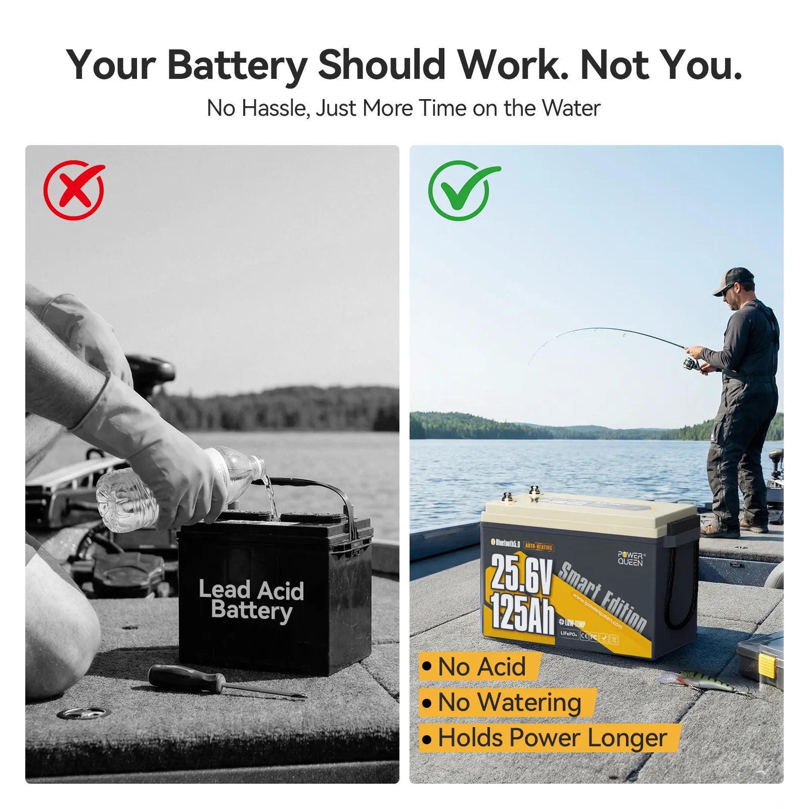 Power Queen hassle free 24v 125ah lithium trolling motor battery for more time fishing and less time on maintenance.