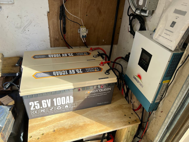 Two Power Queen 24V LiFePO4 batteries on a wooden platform with electrical equipment in the background.