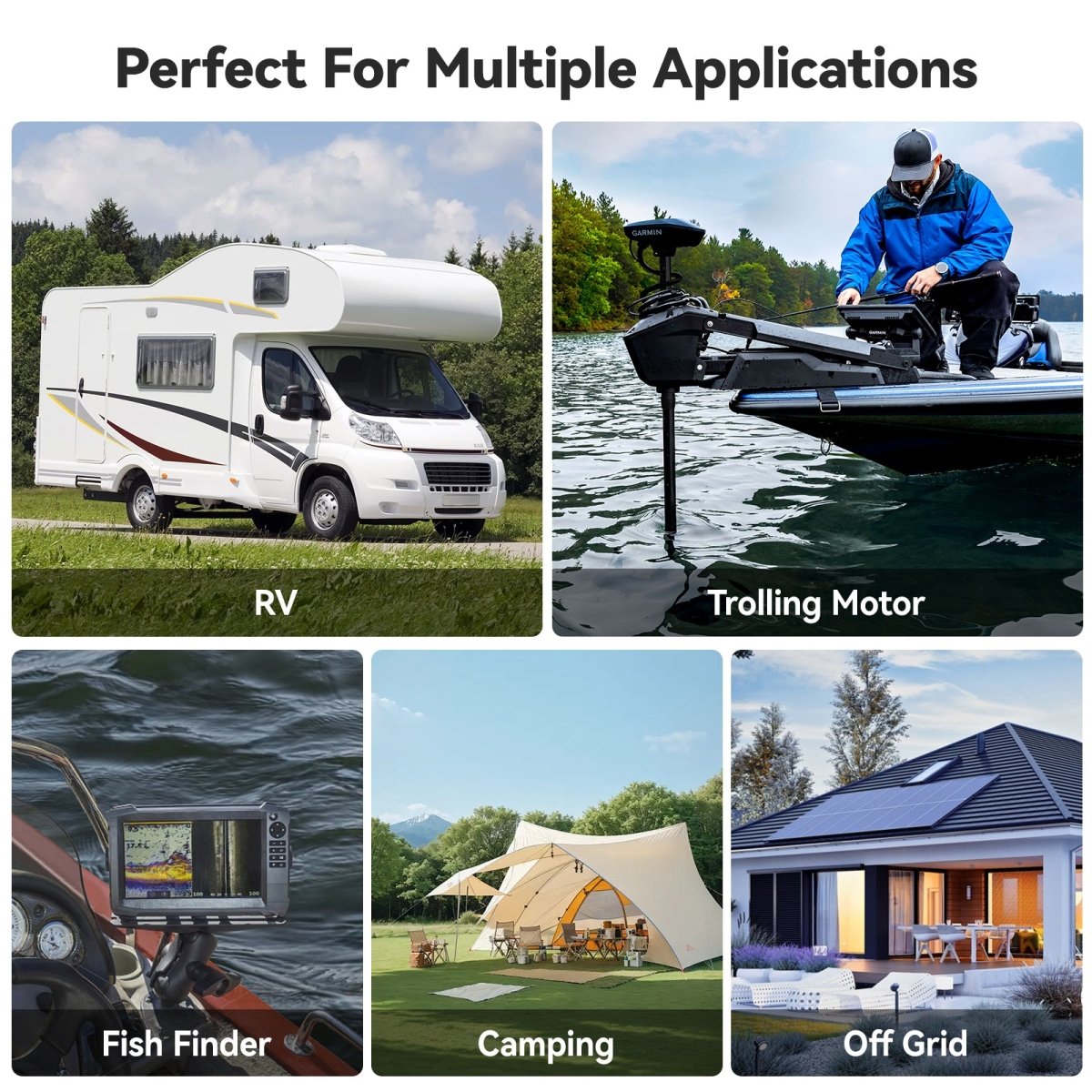 Power Queen 100Ah Mini battery supports RVs, trolling motors, fish finders, camping setups, and off-grid homes