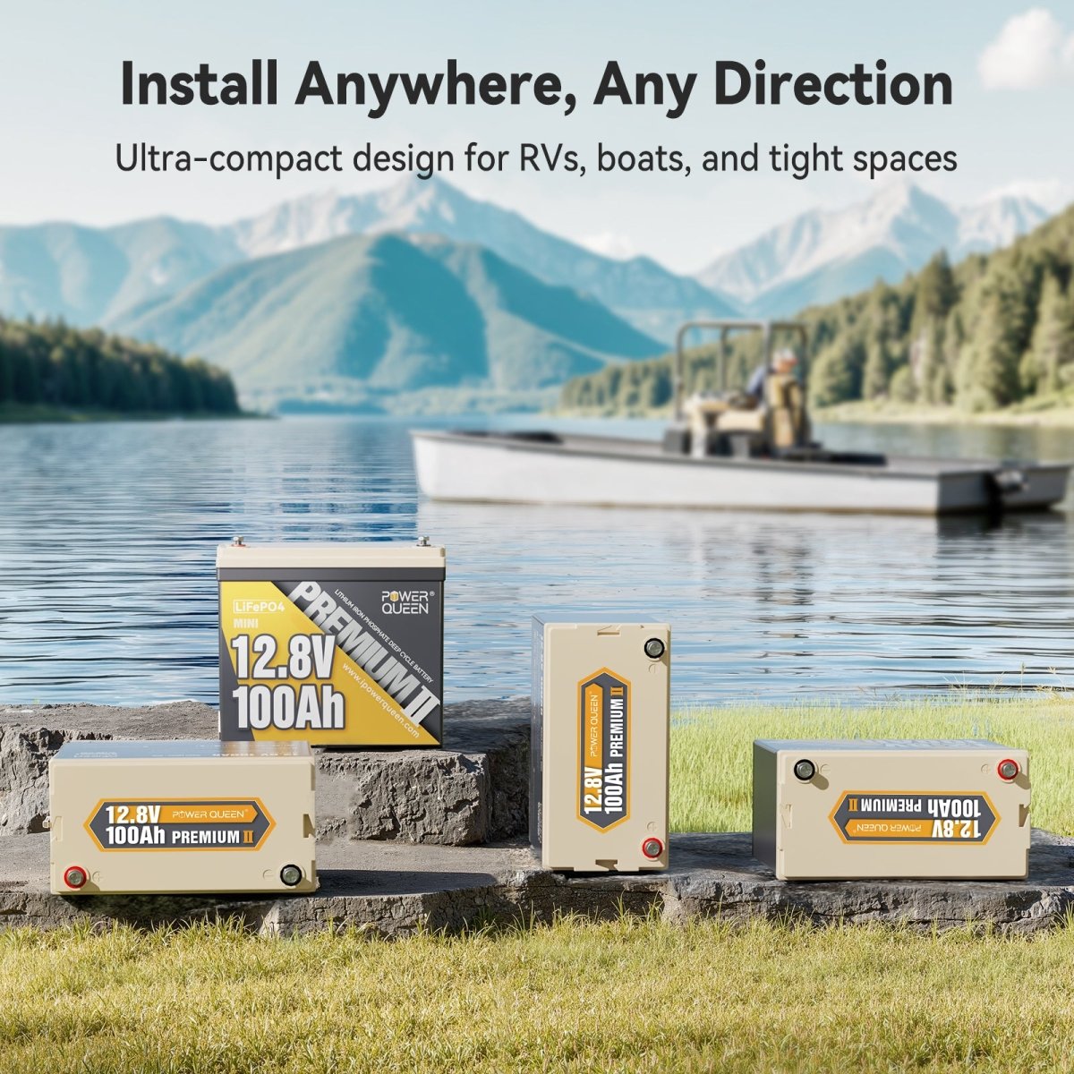 Power Queen 12.8V 100Ah Mini LiFePO4 battery supports vertical, horizontal, and side installation in RVs and boats
