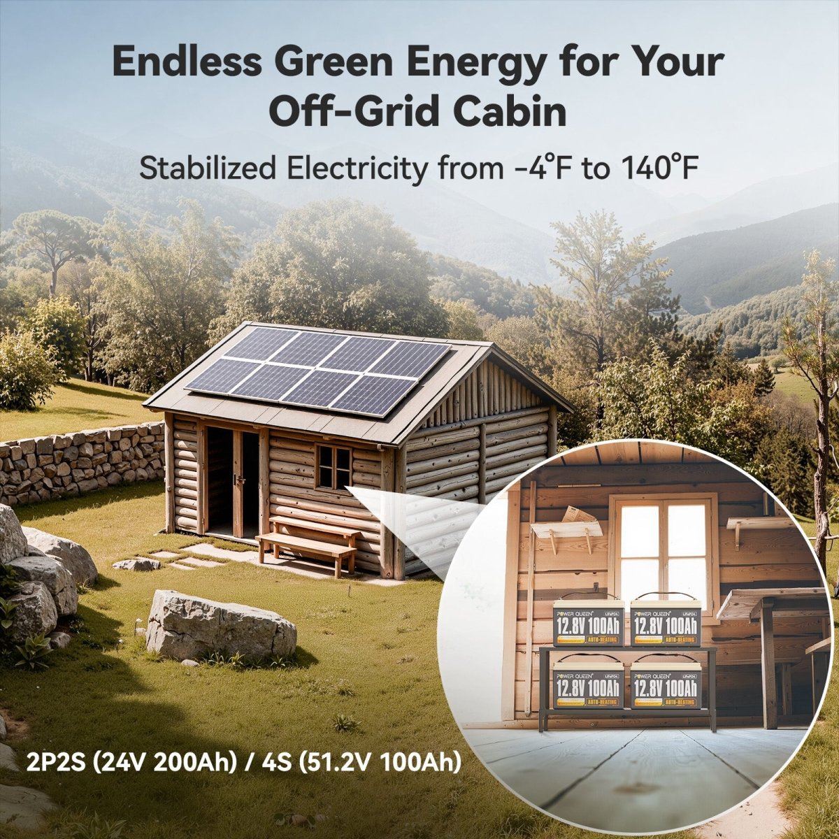 Off-grid cabin green energy storage with Power Queen 12V 100Ah LiFePO4 battery stable from -4°F to 140°F
