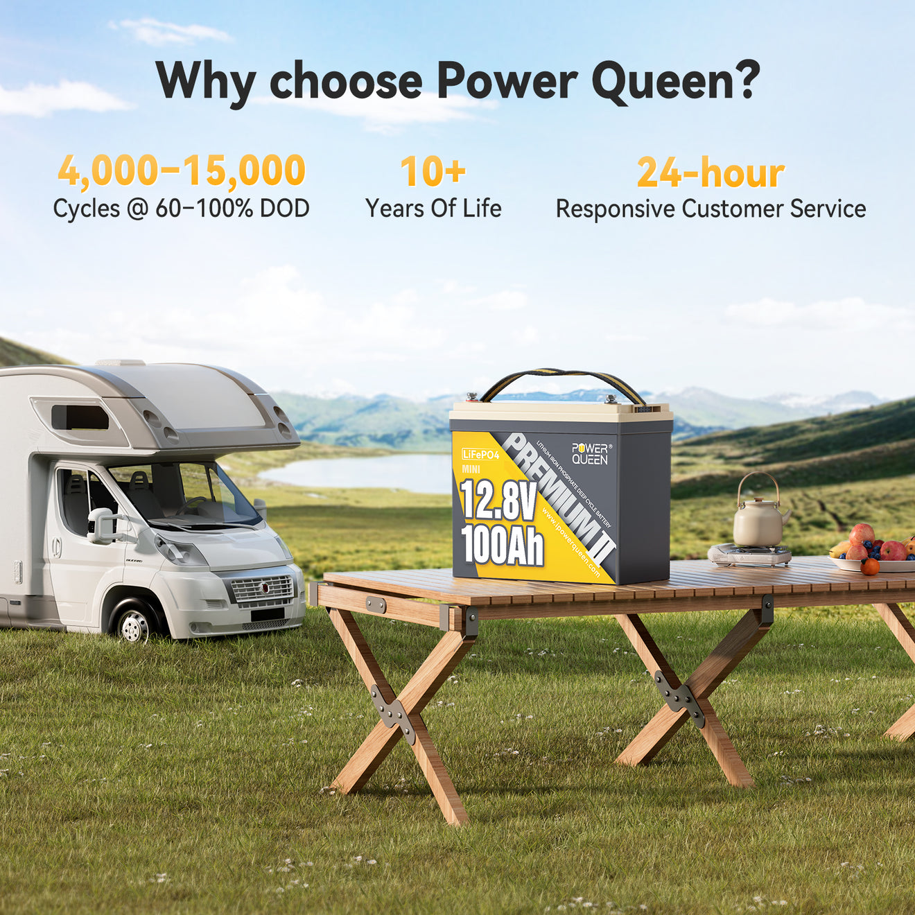 Power Queen Mini 100Ah battery ideal for RV trips and camping with 10+ years of lifespan and lightweight build