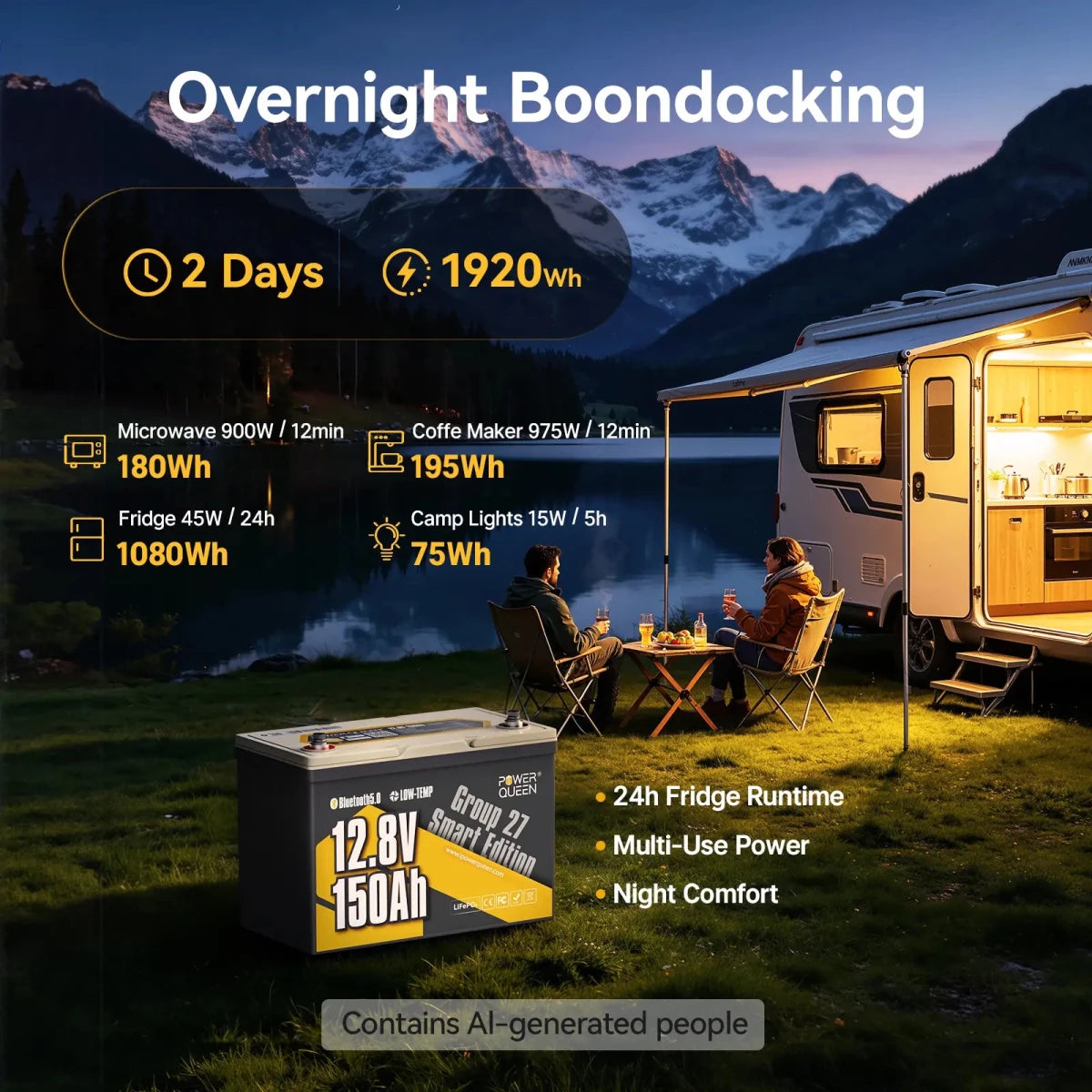 Overnight boondocking camping scene powered by the Power Queen 12v 150ah group 27 deep cycle lithium battery