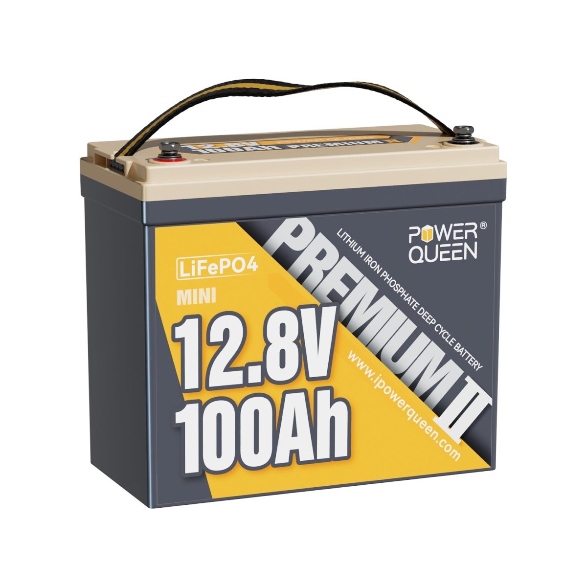 Power Queen 12V 100Ah Mini LiFePO4 deep cycle battery front view showcasing compact design and handle