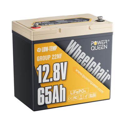 Power Queen 12V 65Ah 22NF LiFePO4 wheelchair battery front view, compact and safe lithium replacement for lead-acid batteries.