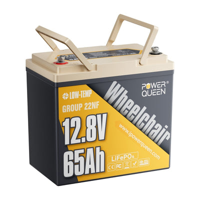 Power Queen 12V 65Ah 22NF lithium battery with ergonomic handles for easy carrying and wheelchair installation.