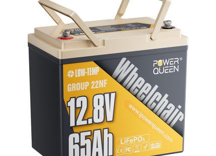Power Queen 12V 65Ah 22NF lithium battery with ergonomic handles for easy carrying and wheelchair installation.