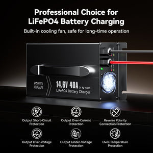 Power Queen 14.6V 40A LiFePO4 Charger with Short Circuit, Over Current, Over Voltage and Temperature Protection