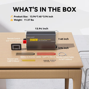 What's in the box: Power Queen 2000W inverter with remote control, cables, brackets, and dimensions overview
