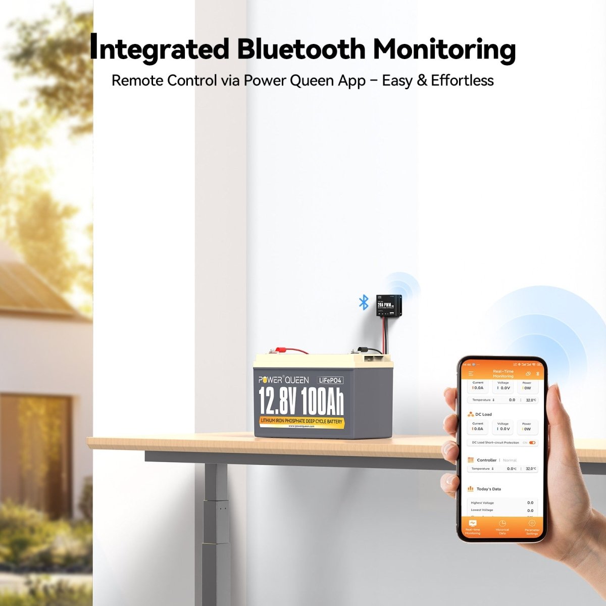 Integrated Bluetooth monitoring via Power Queen app for real-time solar system control and performance data tracking